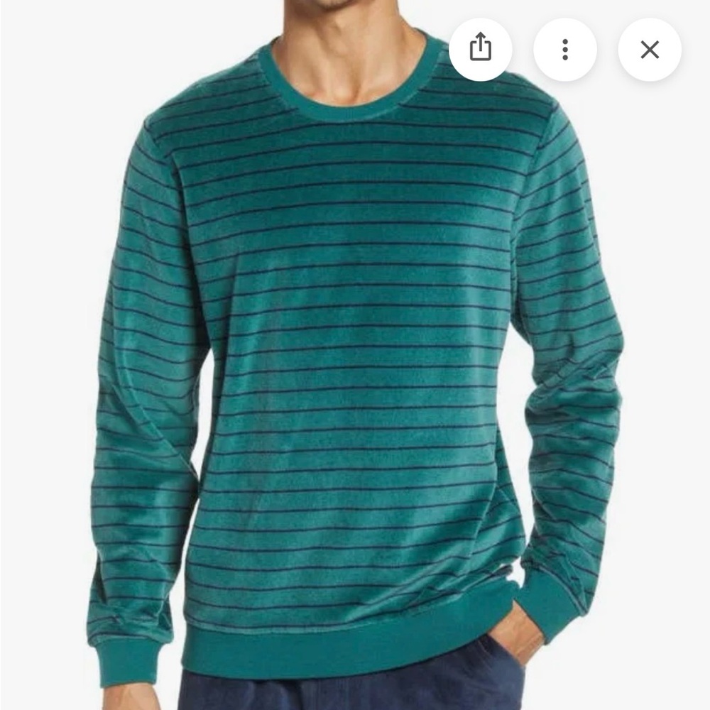 Marine Layer Men's Teal Striped Crewneck Velour Sweater